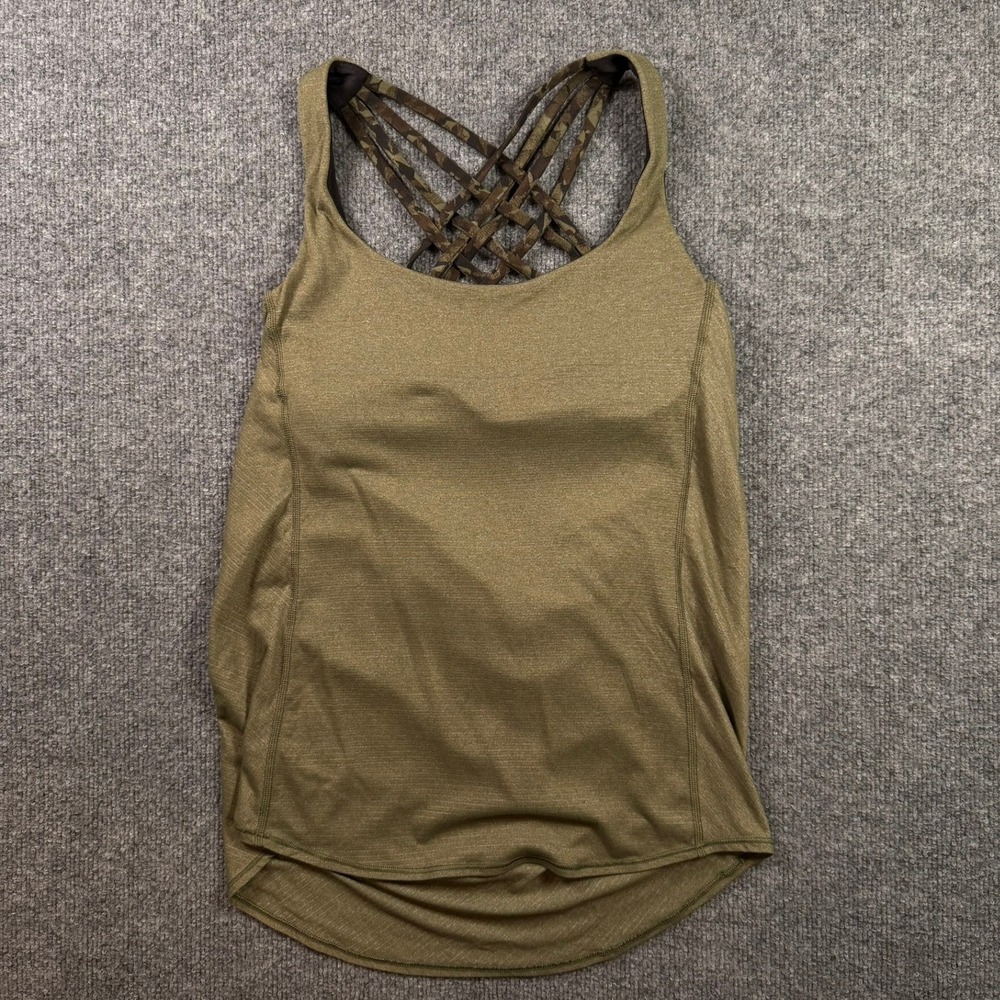 Lululemon Wild Tank Top Womens 6 Olive Green Camo Strappy Crisscross Back Yoga